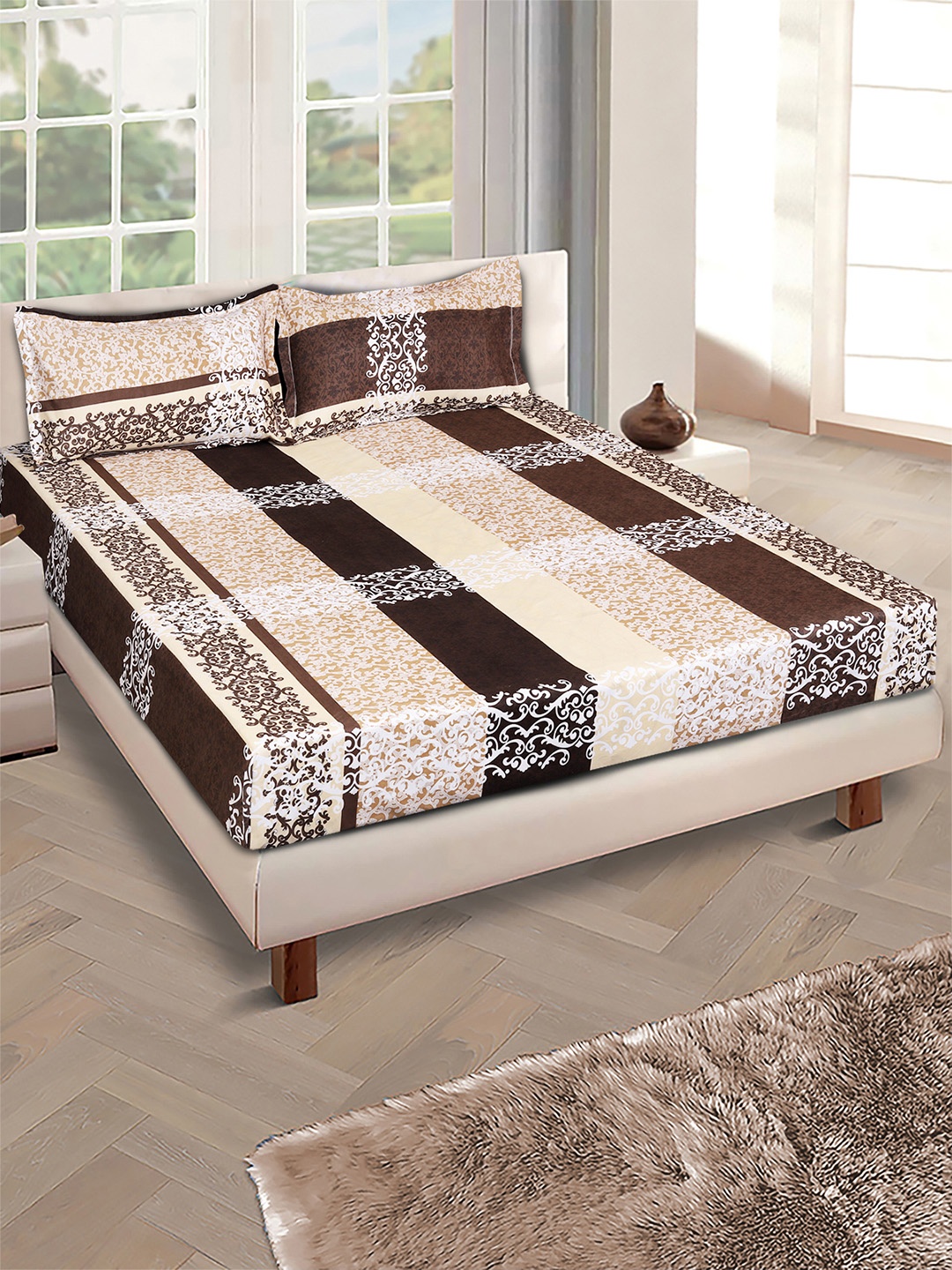 

ROMEE Beige & Brown Ethnic Motifs Microfiber 144 TC Queen Bedsheet with 2 Pillow Covers