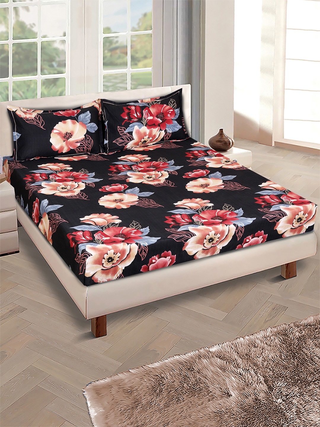 

ROMEE Black & Beige Floral Microfiber 144 TC Queen Bedsheet with 2 Pillow Covers