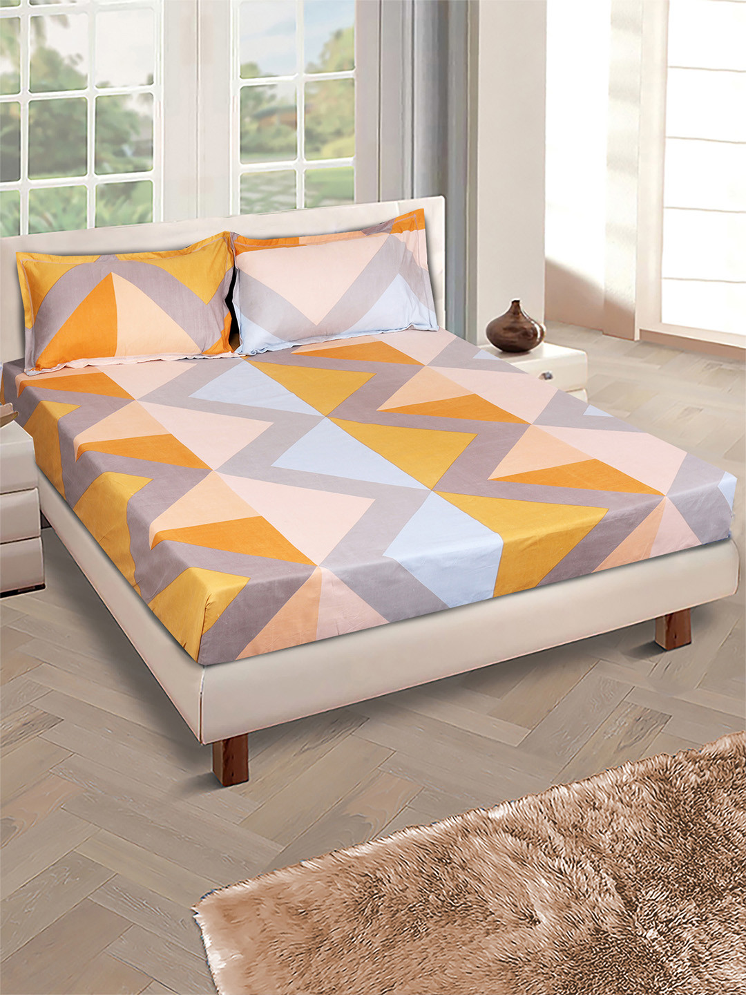 

ROMEE Mustard & Blue Geometric Microfiber 144 TC Queen Bedsheet with 2 Pillow Covers