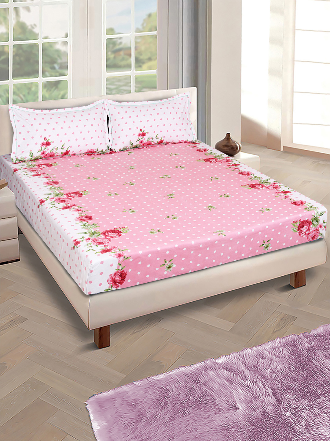 

ROMEE Pink & Beige Floral Microfiber 144 TC Queen Bedsheet with 2 Pillow Covers