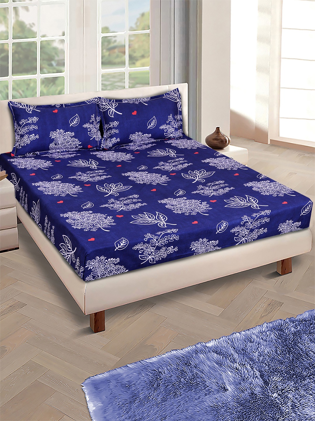 

ROMEE Navy Blue Floral Microfiber 144 TC Queen Bedsheet with 2 Pillow Covers