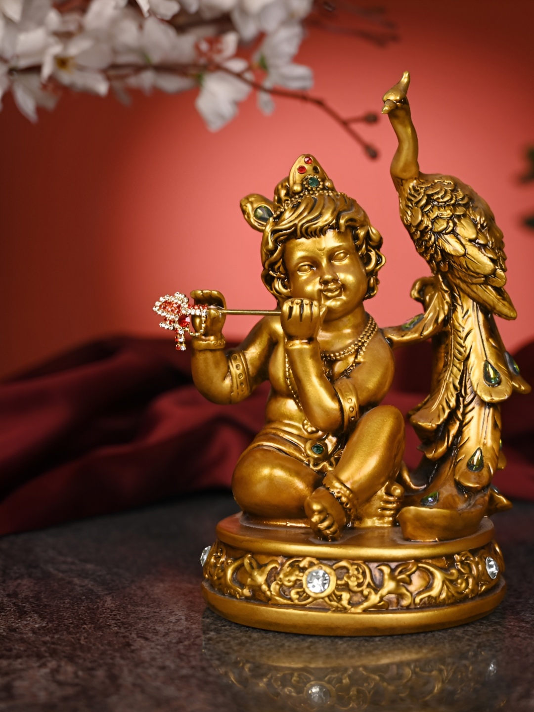 

Artarium LLP Gold Toned Textured Baby Krishna with Peacock Showpiece