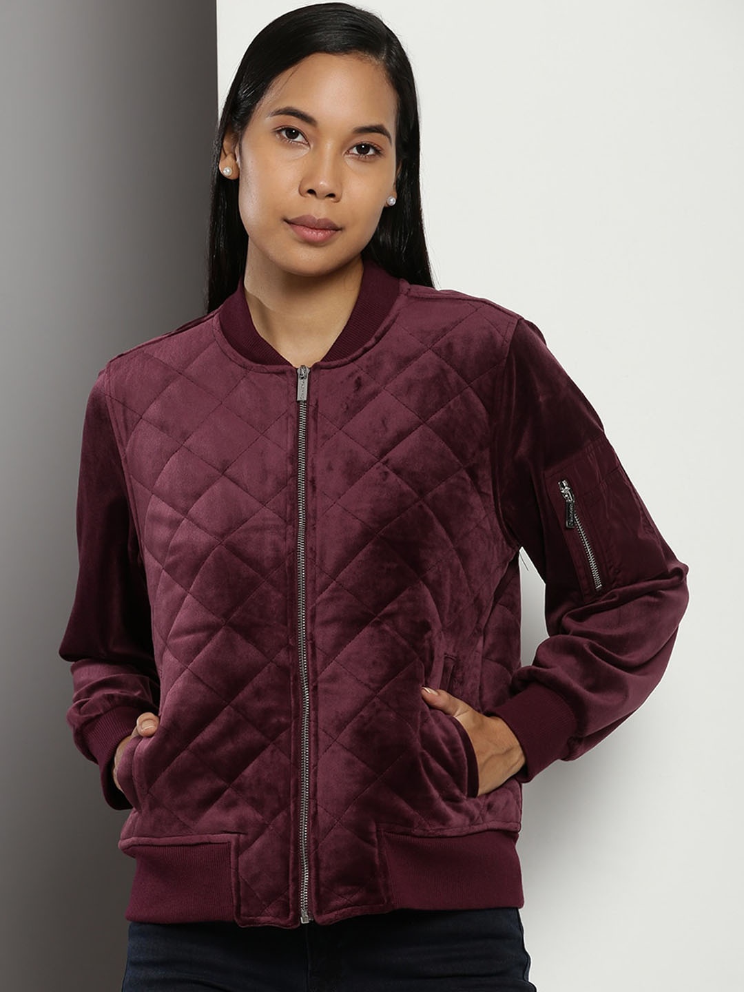 

Calvin Klein Mandarin Collar Bomber Jacket, Burgundy