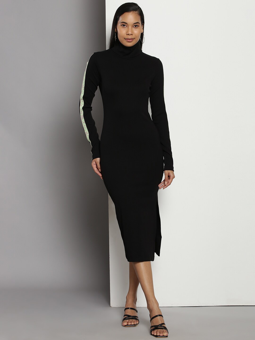 

Calvin Klein Ribbed Turtle Neck Cotton Bodycon Midi Dress With Side Slit Detail, Black