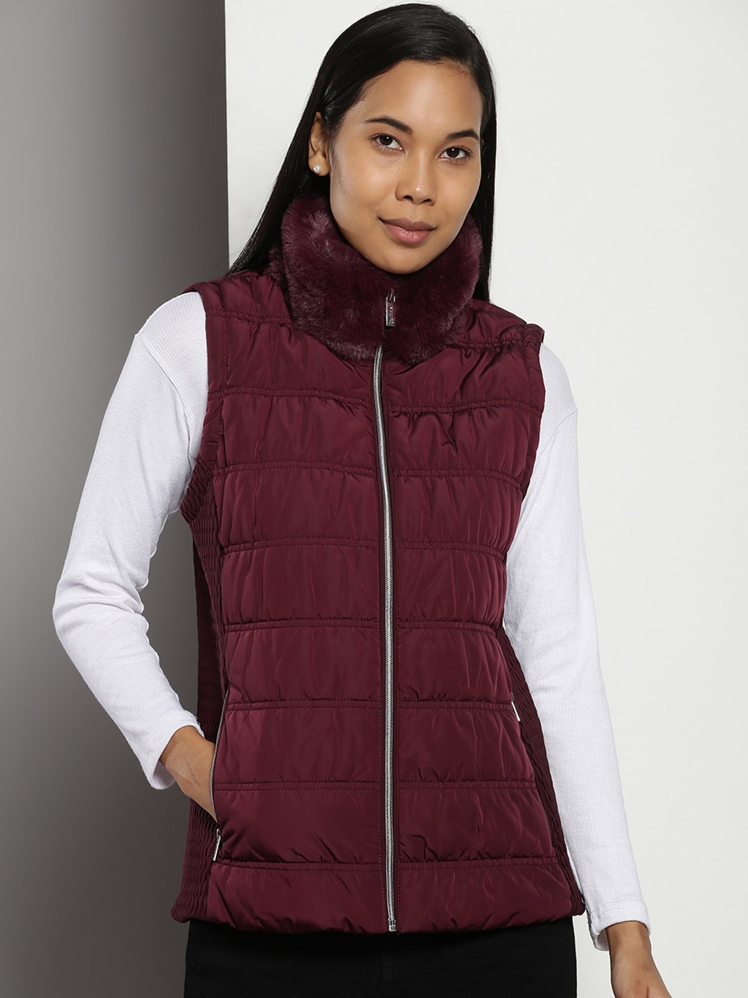 

Calvin Klein Sleeveless Faux Fur Trim Parka Jacket, Maroon