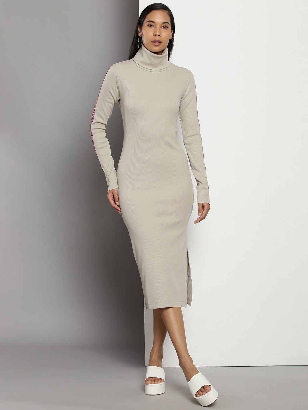 

Calvin Klein Ribbed Turtle Neck Cotton Bodycon Midi Dress With Side Slit Detail, Brown