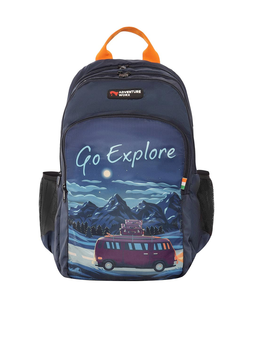 

ADVENTURE WORX Unisex Graphic Printed DuraBase Backpack With Compression Straps, Navy blue