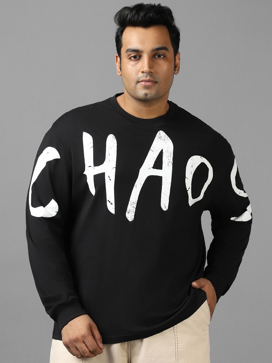 

Bewakoof Plus Typography Printed Oversized Cotton T-shirt, Black
