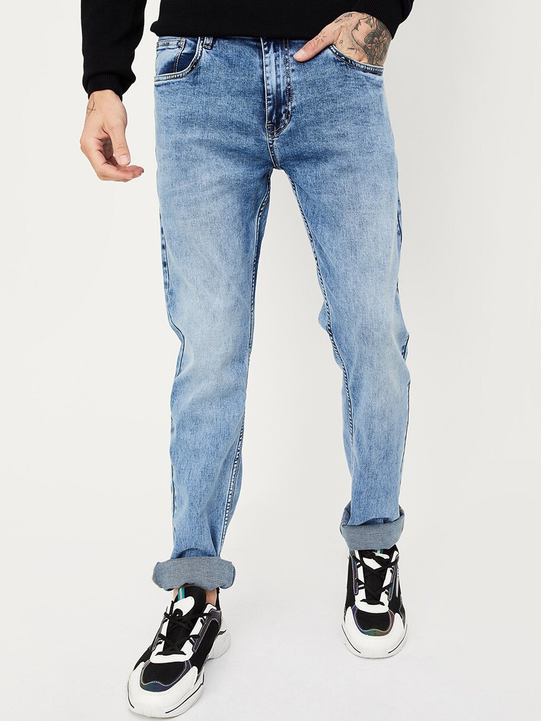 

max Men Heavy Fade Clean Look Stretchable Jeans, Blue