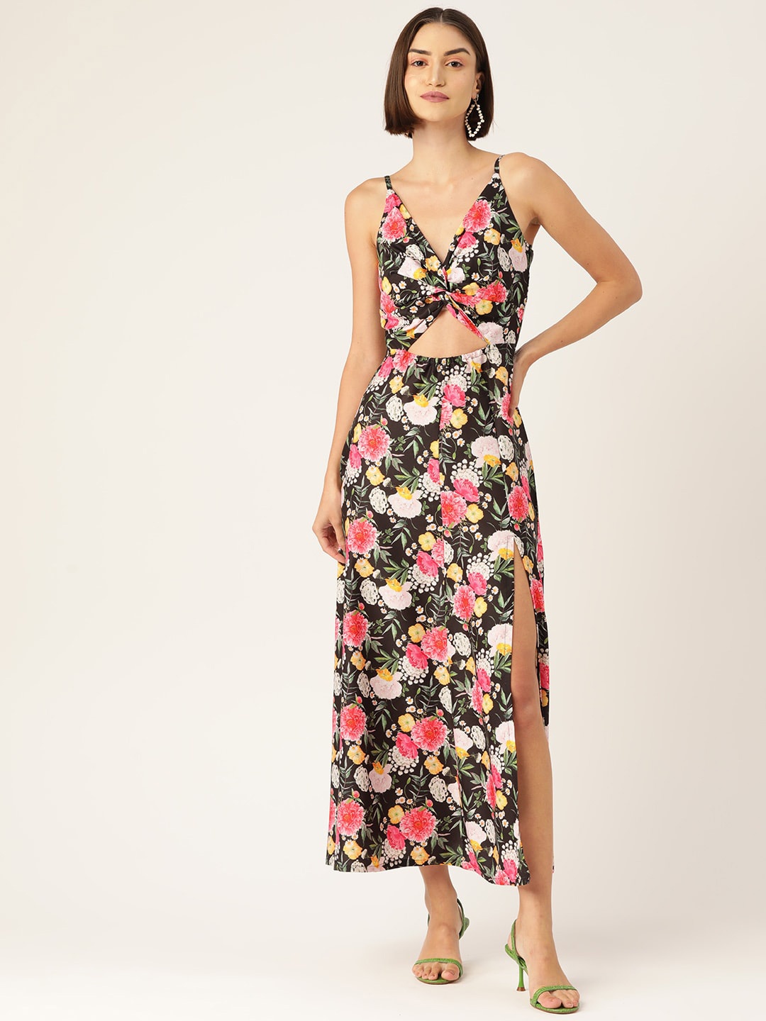 

Sleek Italia Floral Printed Shoulder Strap Cut Outs A-Line Midi Dress, Black