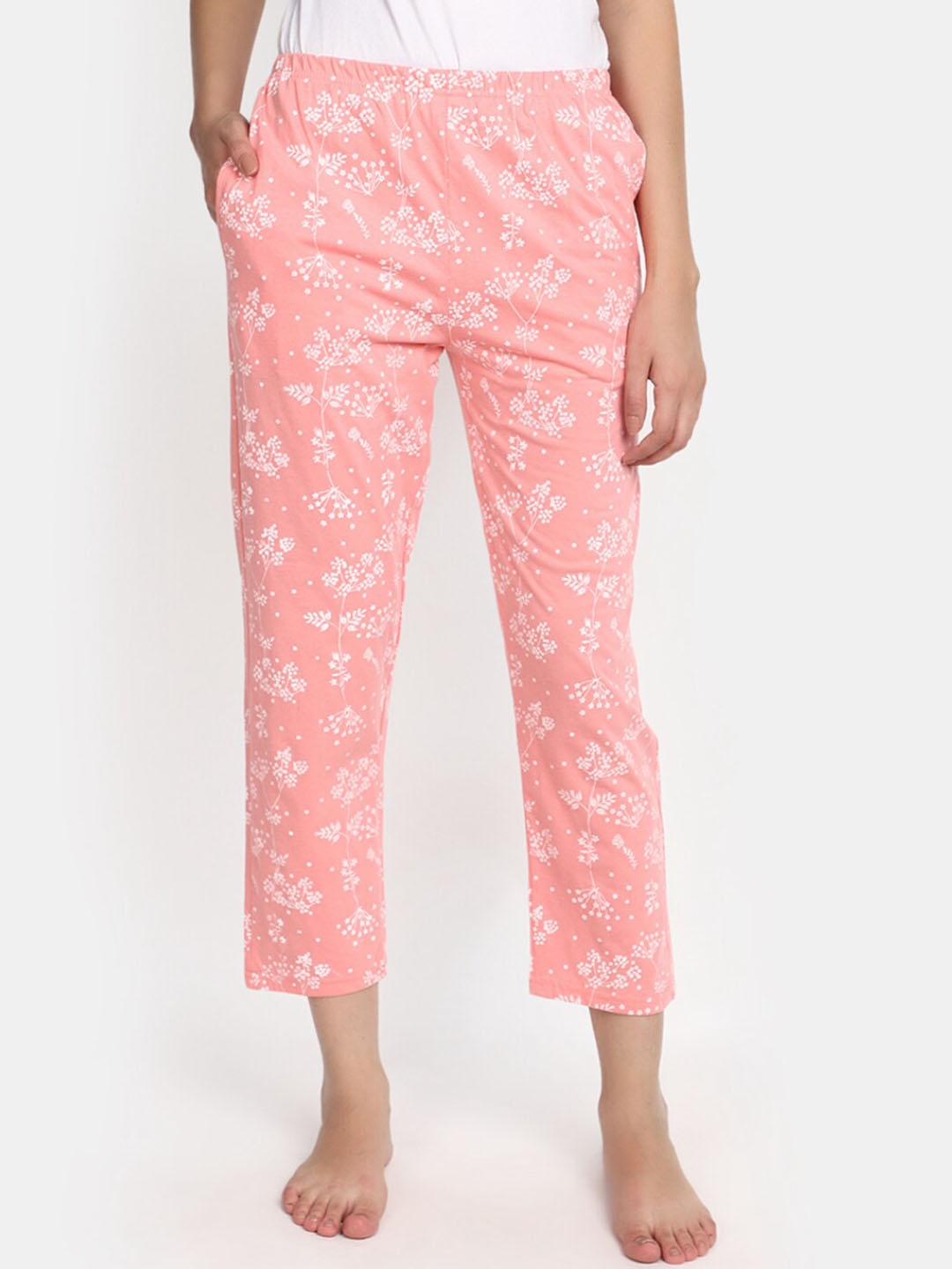 

V-Mart Women Floral Printed Cotton Cropped Lounge Pants, Pink