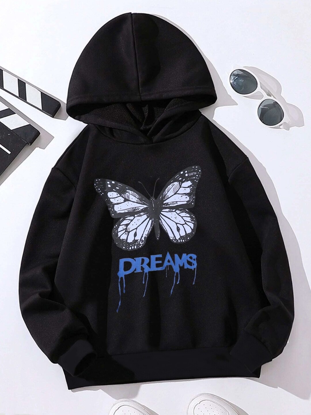 

StyleCast Girls Butterfly Printed Long Sleeves Hood Pullover Sweatshirt, Black