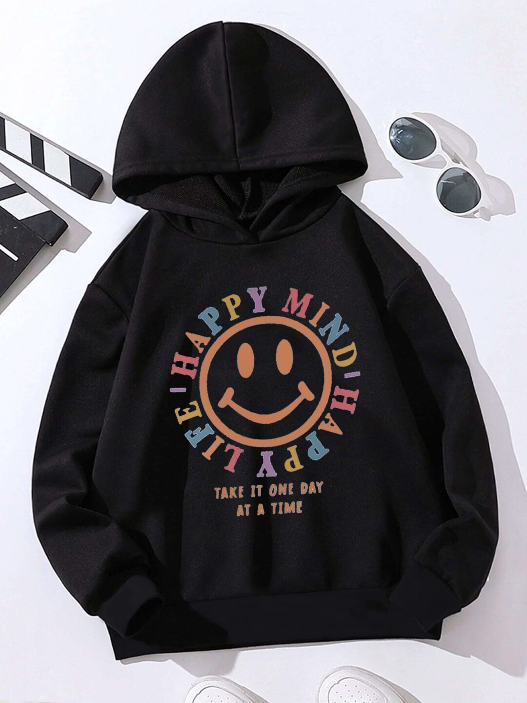 

StyleCast Girls Black Graphic Printed Hooded Sweatshirt