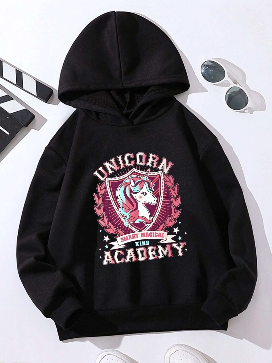 

StyleCast Girls Graphic Printed Hooded Pullover, Black