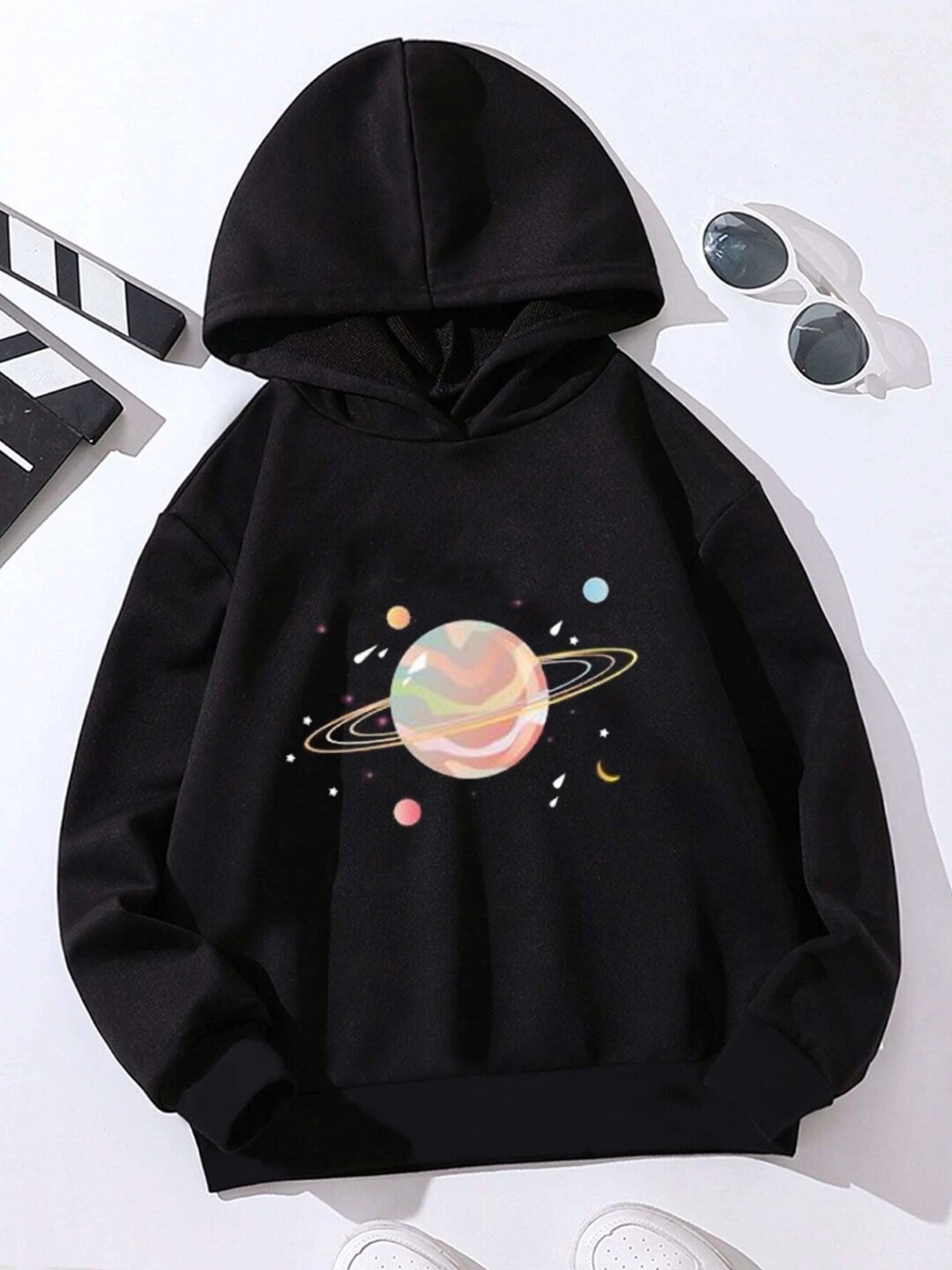 

StyleCast Girls Black Graphic Printed Hooded Sweatshirt