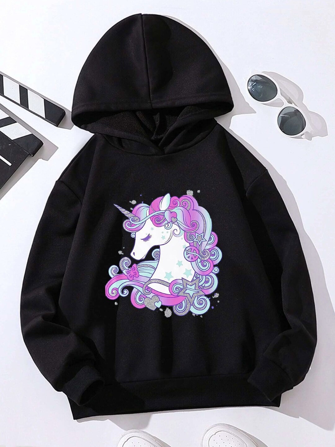 

StyleCast Girls Black Graphic Printed Hooded Sweatshirt