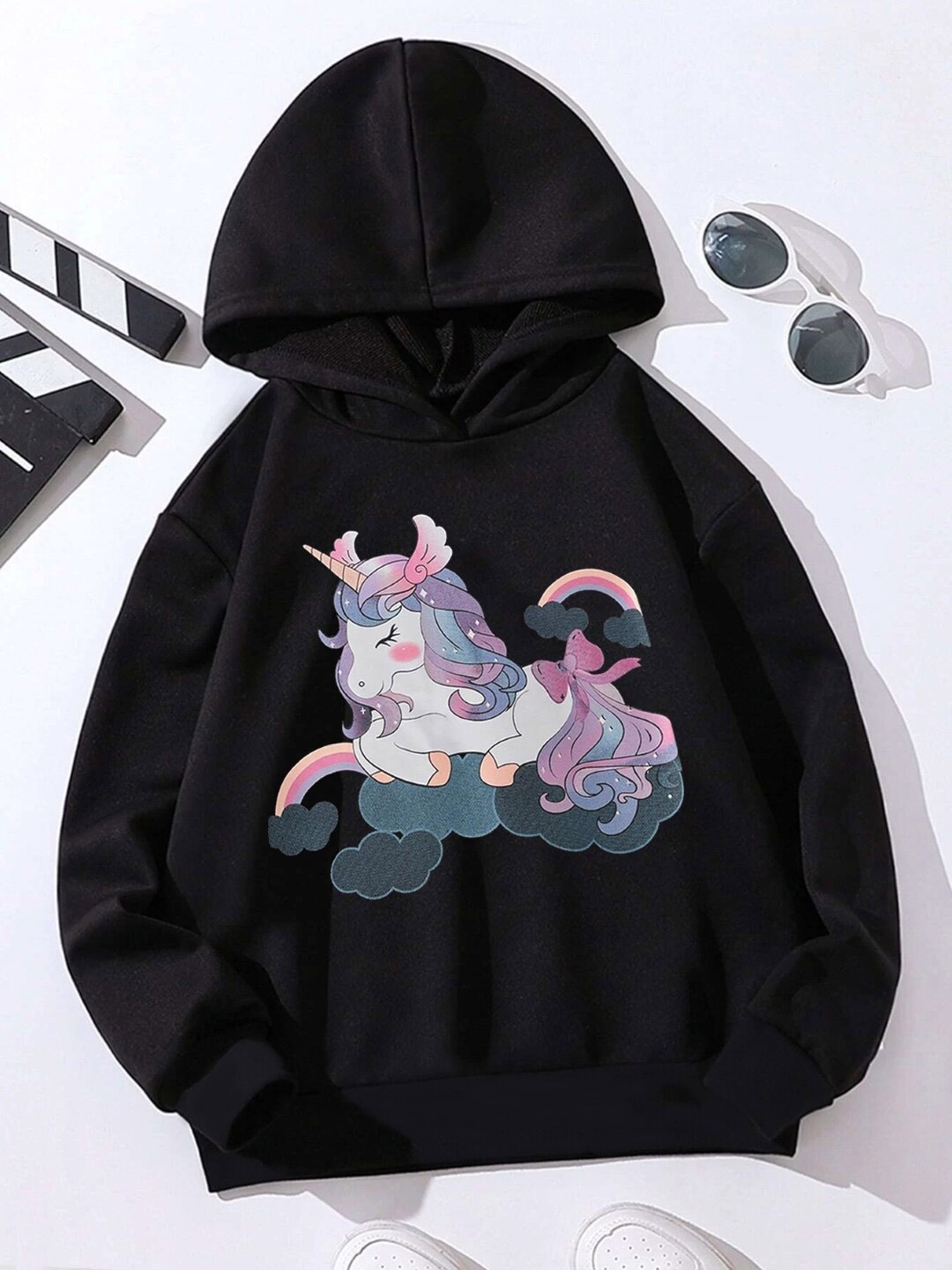 

StyleCast Girls Black Unicorn Printed Hooded Pullover Sweatshirt