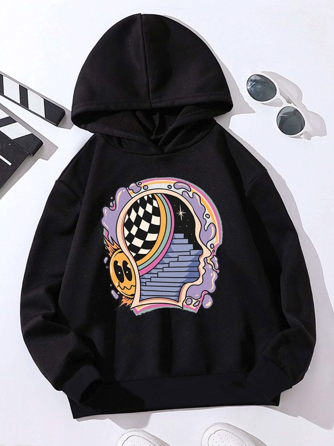 

StyleCast Girls Graphic Printed Hooded Pullover, Black