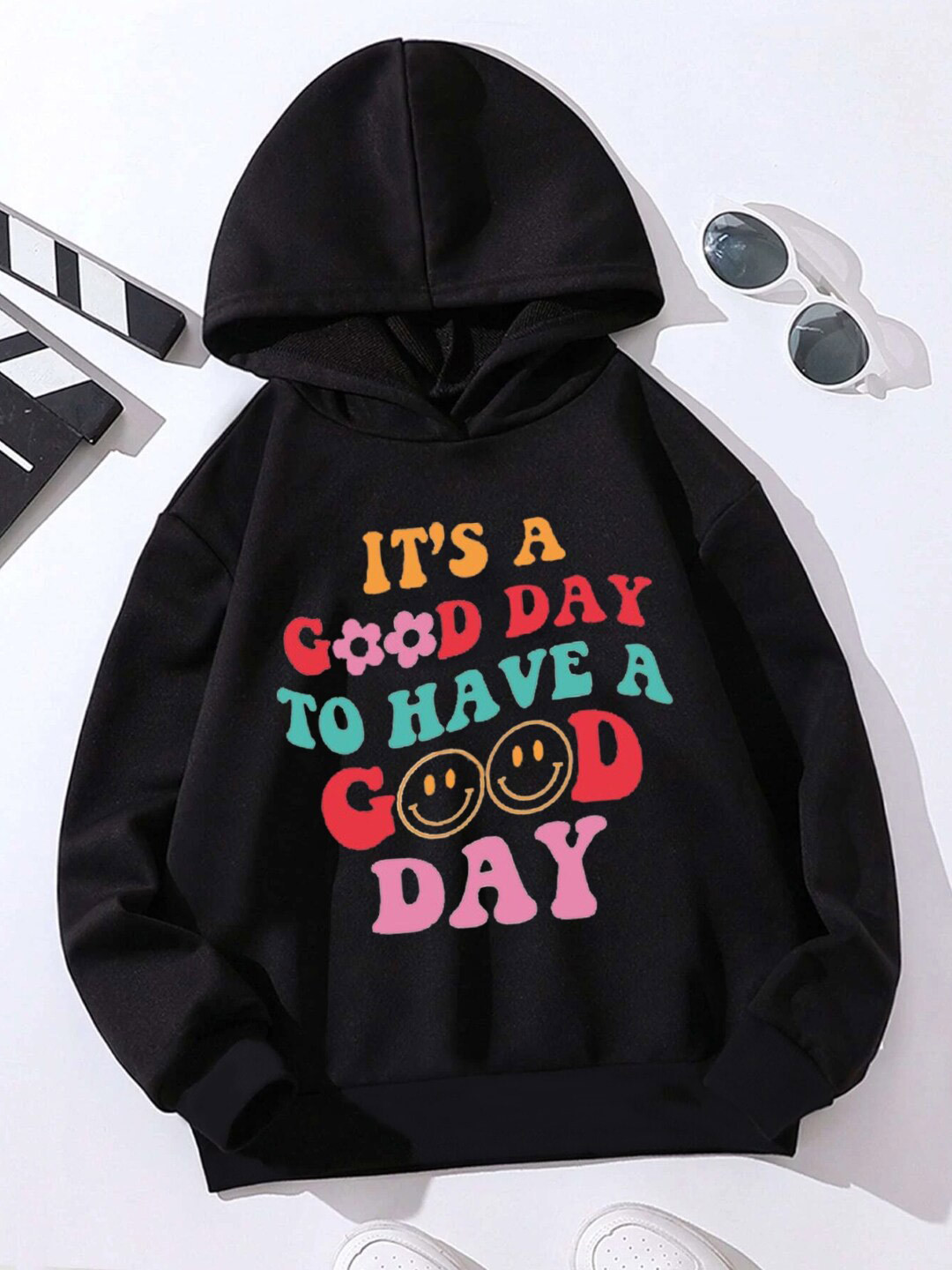 

StyleCast Girls Black Typography Printed Hooded Pullover Sweatshirt