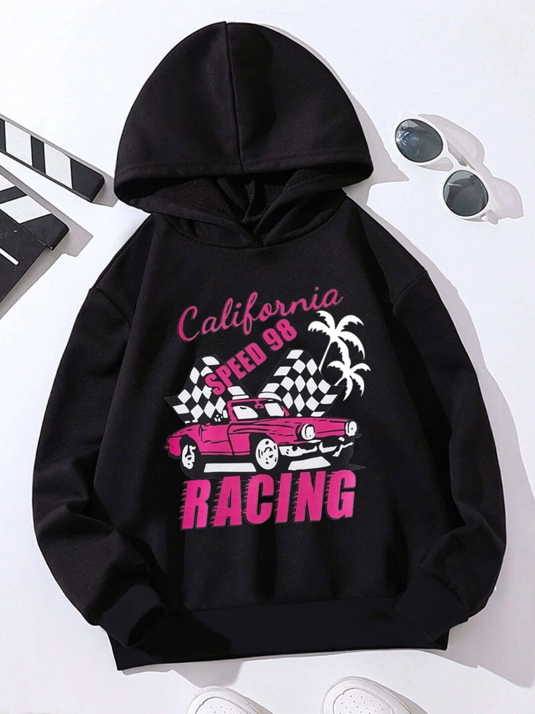 

StyleCast Girls Black Graphic Printed Hooded Pullover Sweatshirt