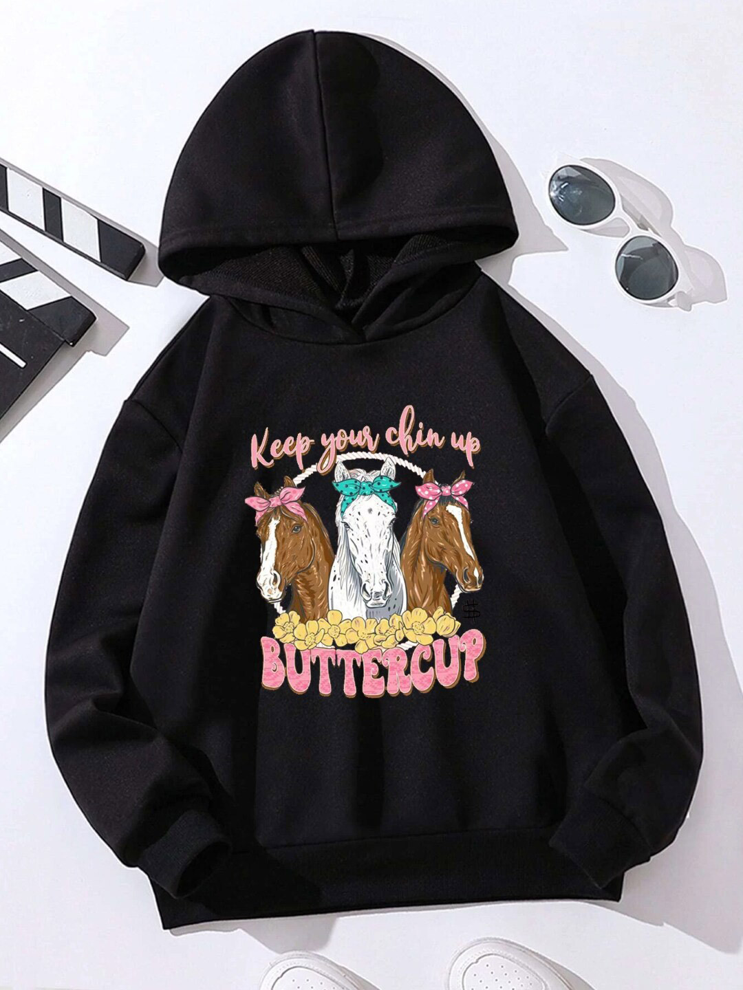 

StyleCast Girls Black Graphic Printed Hooded Pullover Sweatshirt