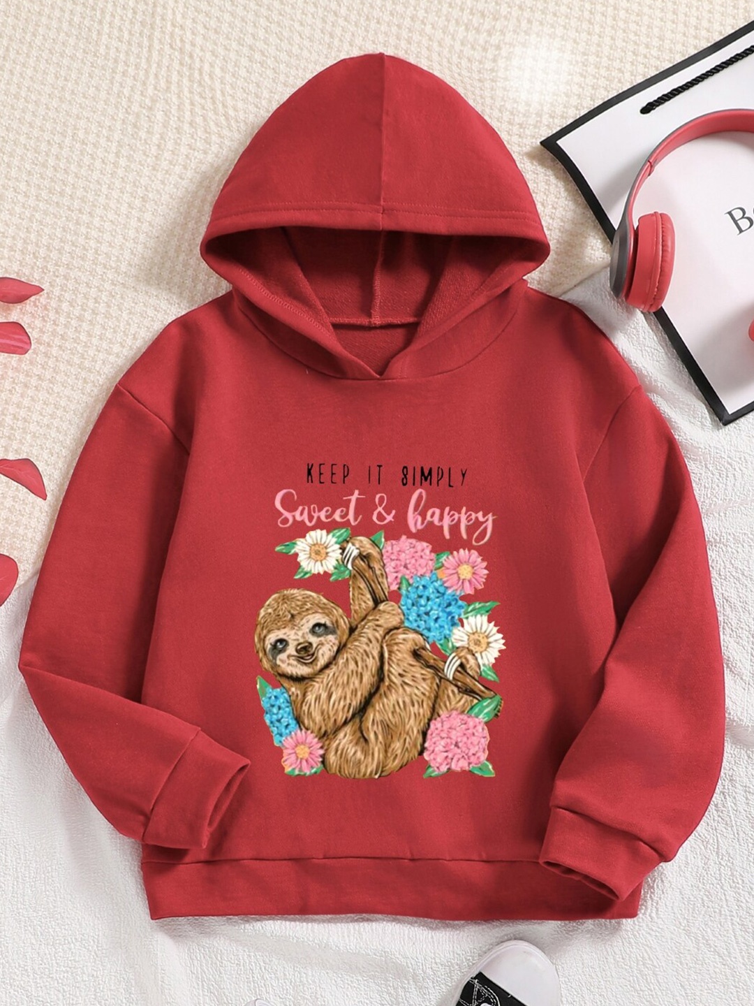

StyleCast Girls Red Graphic Printed Hooded Sweatshirt
