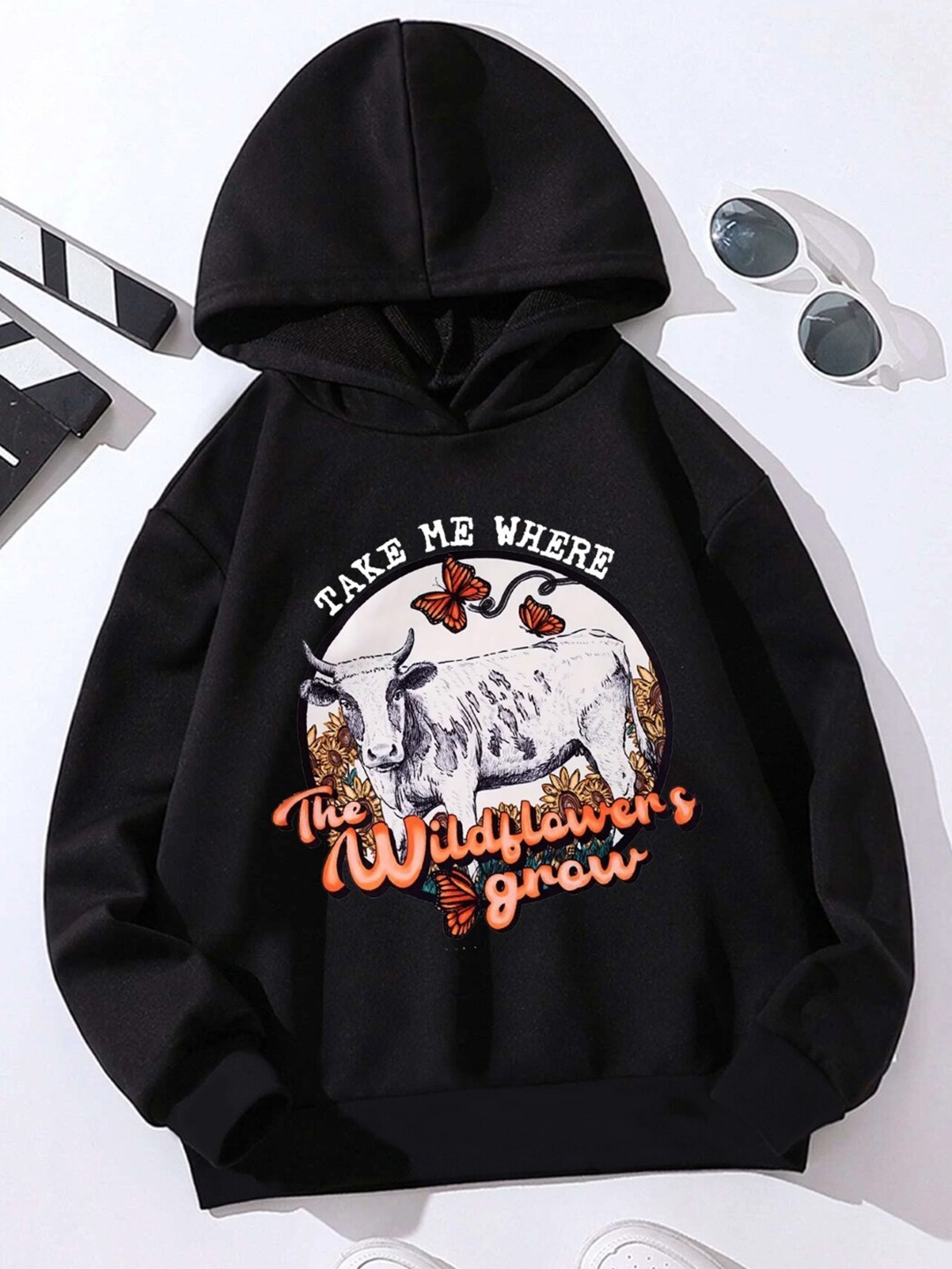

StyleCast Girls Black Graphic Printed Hooded Pullover Sweatshirt