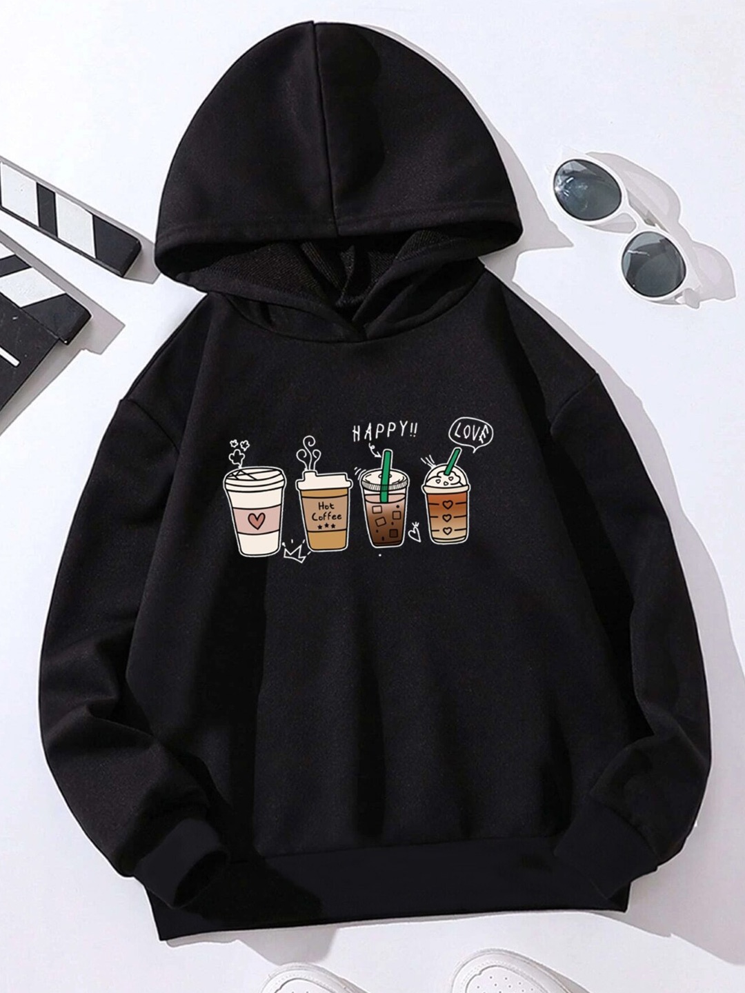 

StyleCast Girls Black Graphic Printed Hooded Pullover Sweatshirt