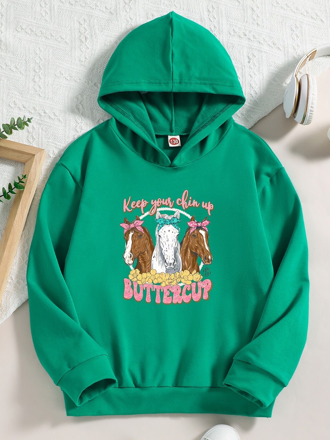 

StyleCast Girls Green Graphic Printed Hooded Pullover Sweatshirt