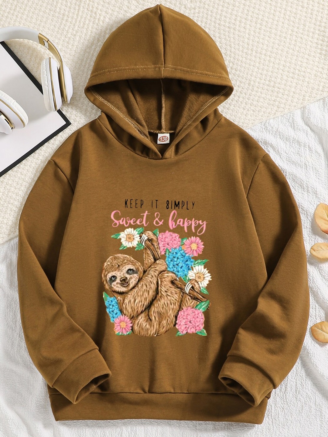 

StyleCast Girls Brown Graphic Printed Hooded Pullover Sweatshirt