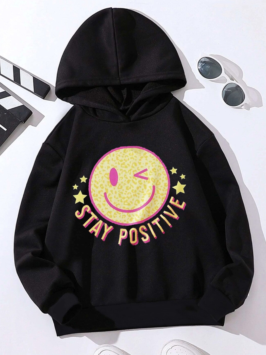 

StyleCast Girls Black Graphic Printed Hooded Sweatshirt