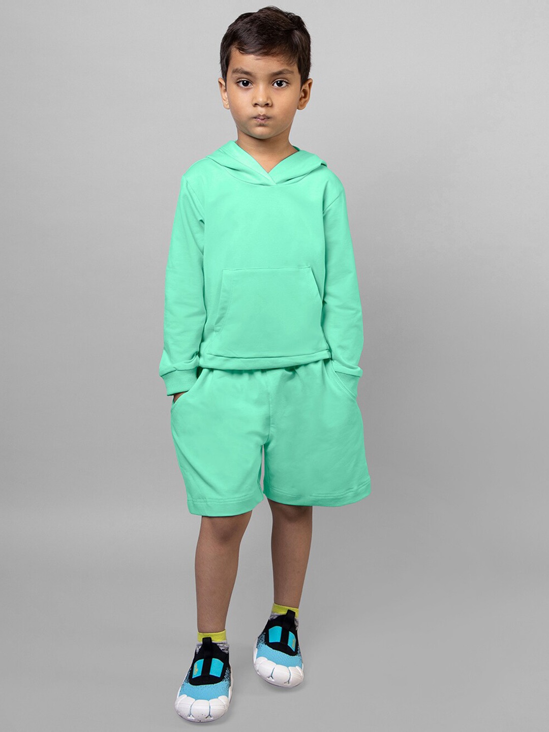 

ZIP ZAP ZOOP Boys Hooded Pure Cotton T-shirt With Shorts, Green