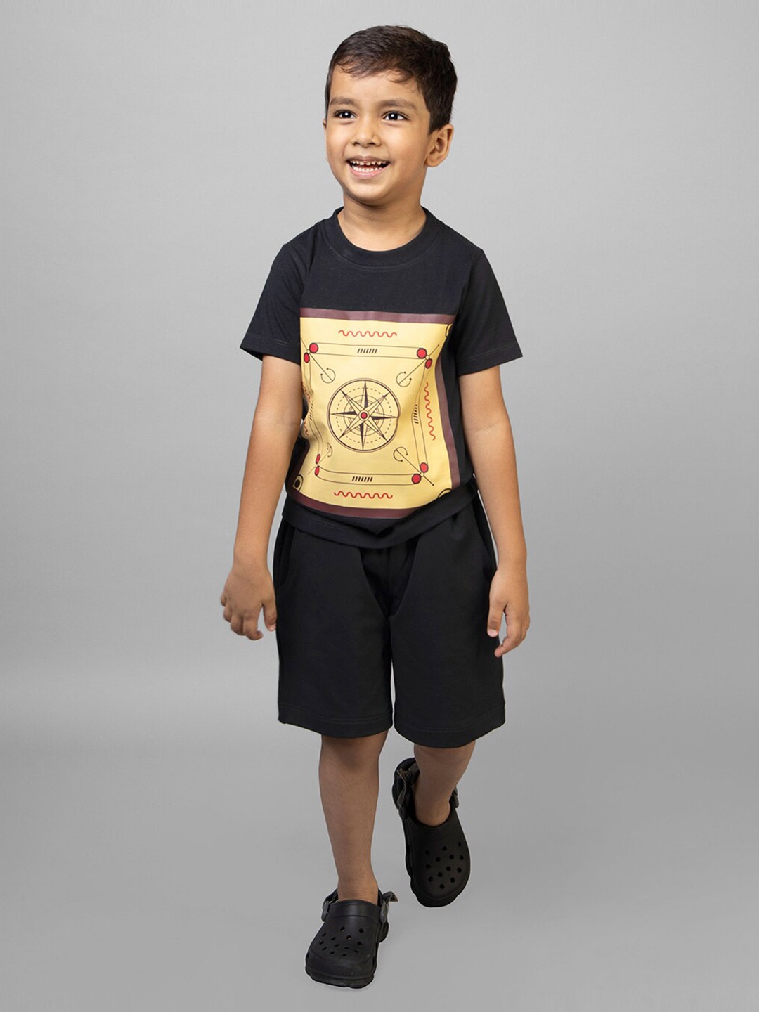 

ZIP ZAP ZOOP Boys Printed Pure Cotton T-shirt With Shorts, Black