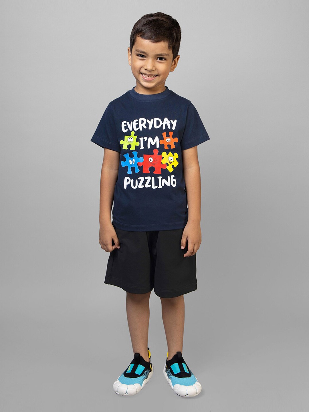 

ZIP ZAP ZOOP Boys Printed Pure Cotton T-shirt With Shorts, Blue