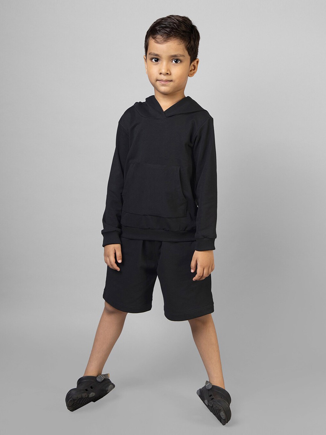 

ZIP ZAP ZOOP Boys Hooded Pure Cotton T-shirt With Shorts, Black