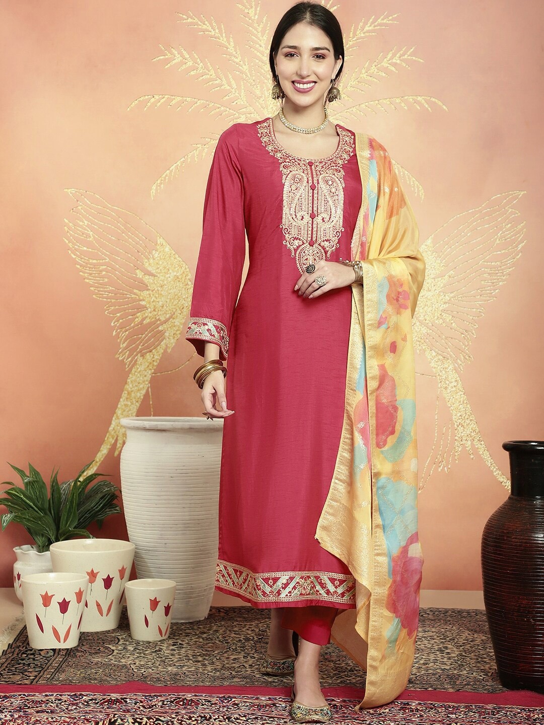 Stylee LIFESTYLE Paisley Embroidered Sequinned Unstitched Dress Material, Coral