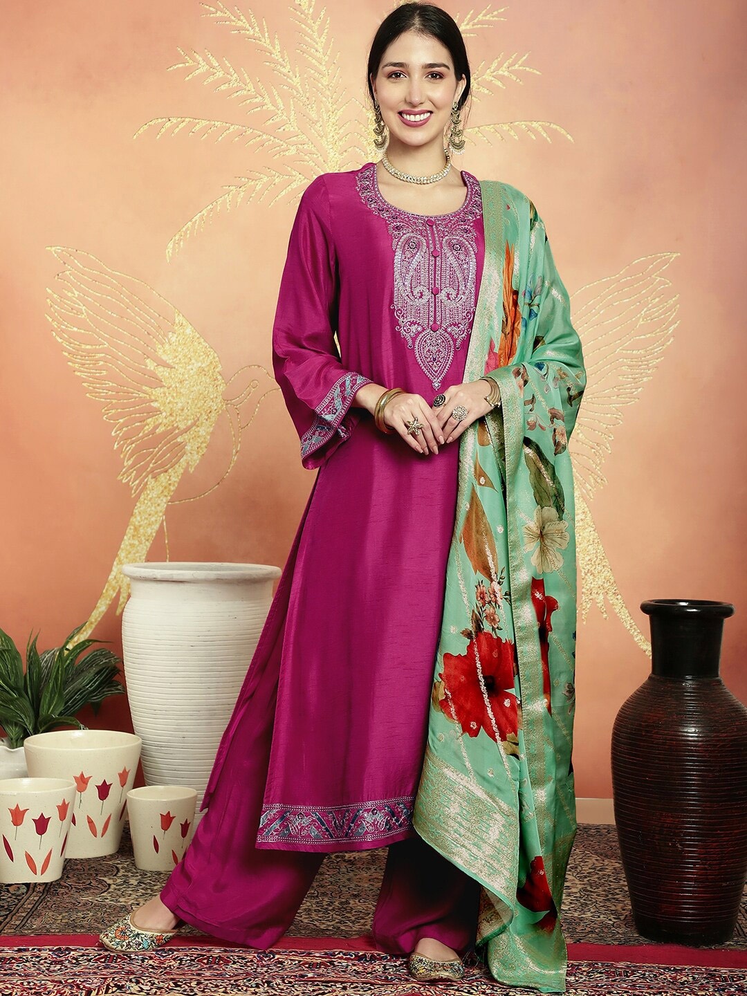 

Stylee LIFESTYLE Paisley Embroidered Sequinned Unstitched Dress Material, Magenta