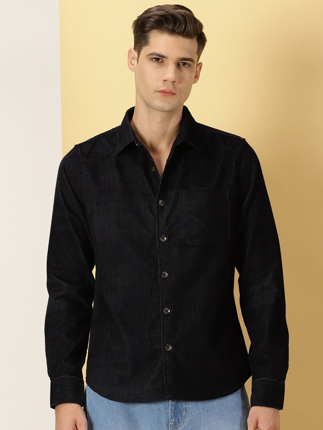 

Thomas Scott Premium Self Design Corduroy Slim Fit Casual Shirt, Navy blue