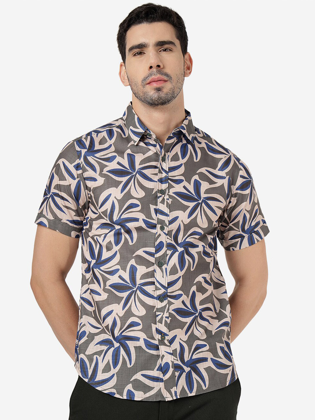 

Greenfibre Slim Fit Floral Printed Cutaway Collar Pure Cotton Casual Shirt, Grey