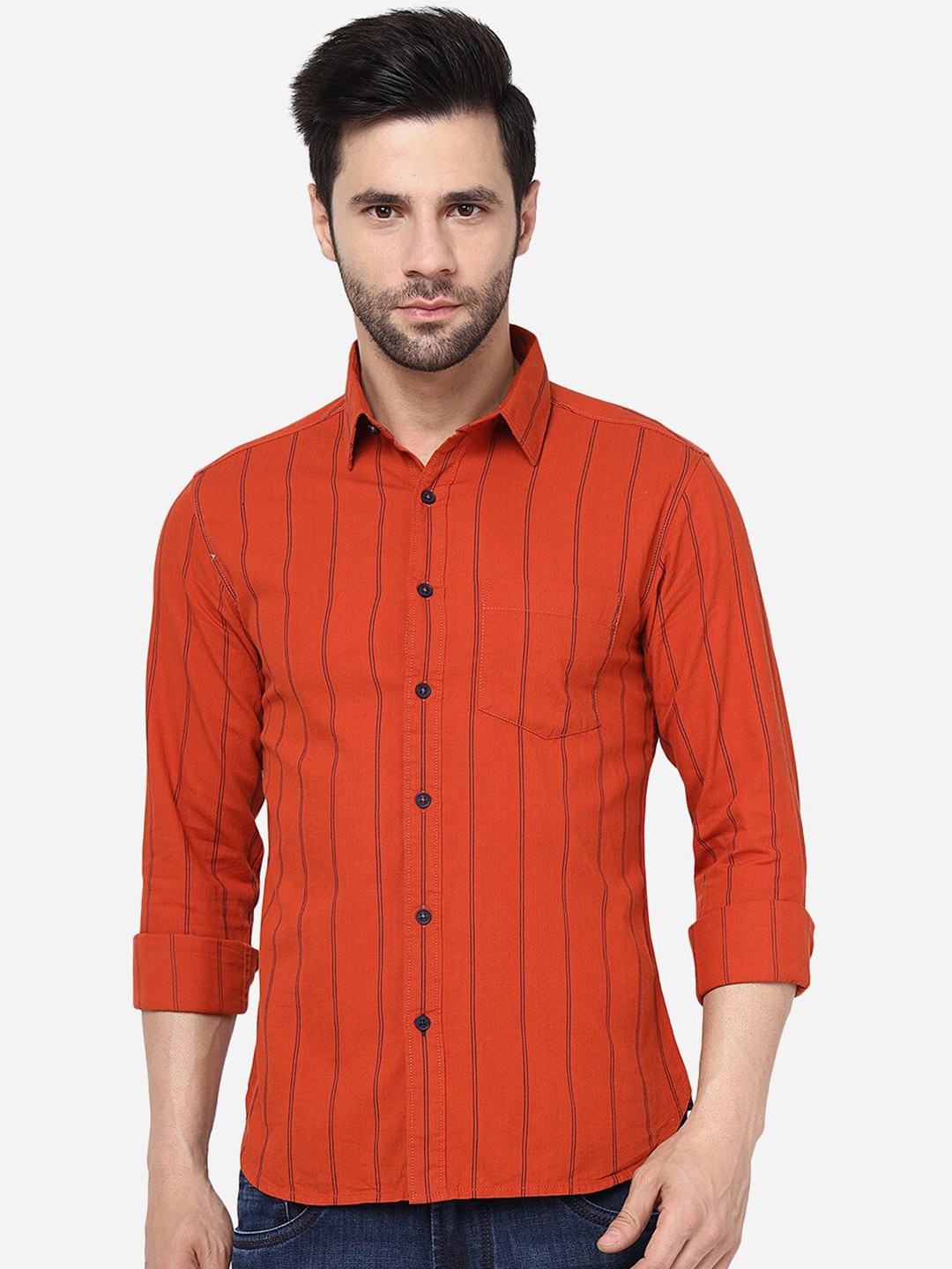 

Greenfibre Slim Fit Vertical Striped Knitted Pure Cotton Casual Shirt, Orange