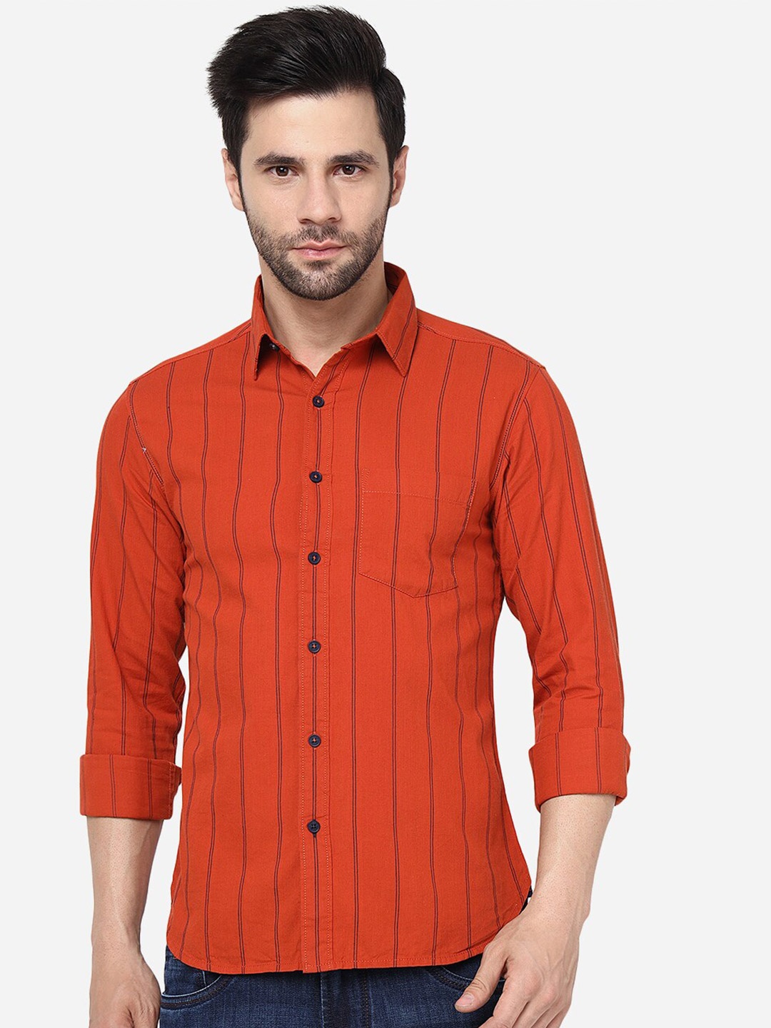 

Greenfibre Slim Fit Vertical Striped Knitted Pure Cotton Casual Shirt, Orange