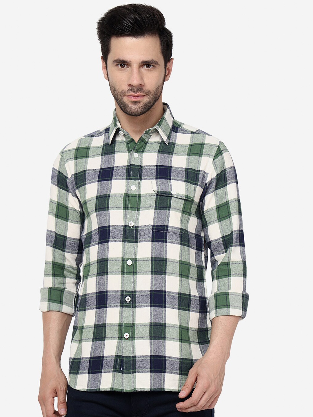 

JADE BLUE Men Slim Fit Gingham Checks Pure Cotton Casual Shirt, Green