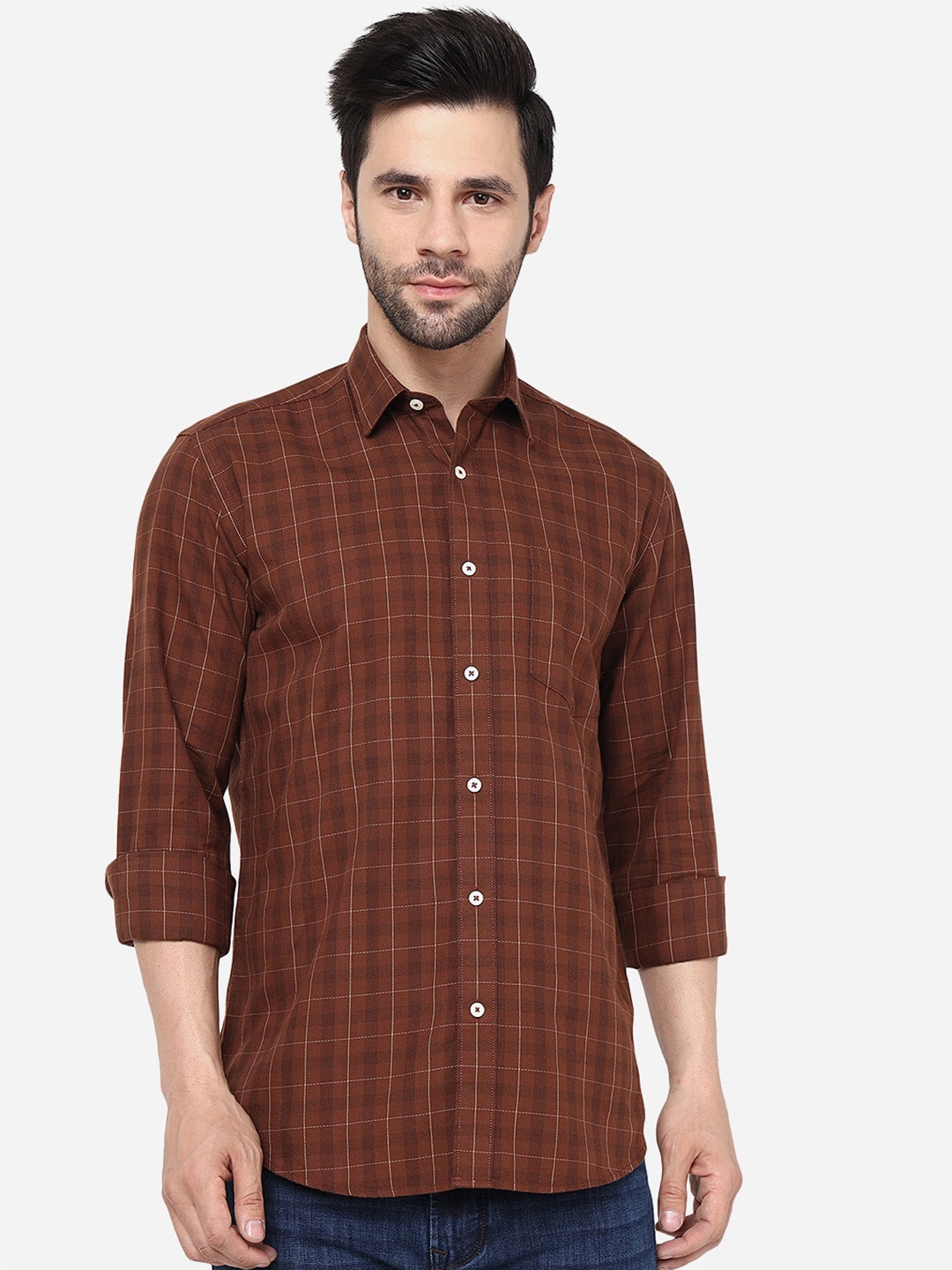 

JADE BLUE Slim Fit Checked Long Sleeves Pure Cotton Casual Shirt, Brown