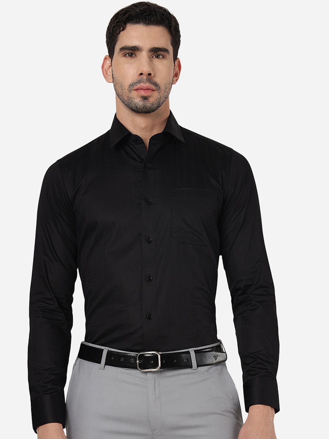 

JADE BLUE Slim Fit Textured Long Sleeves Pure Cotton Formal Shirt, Black