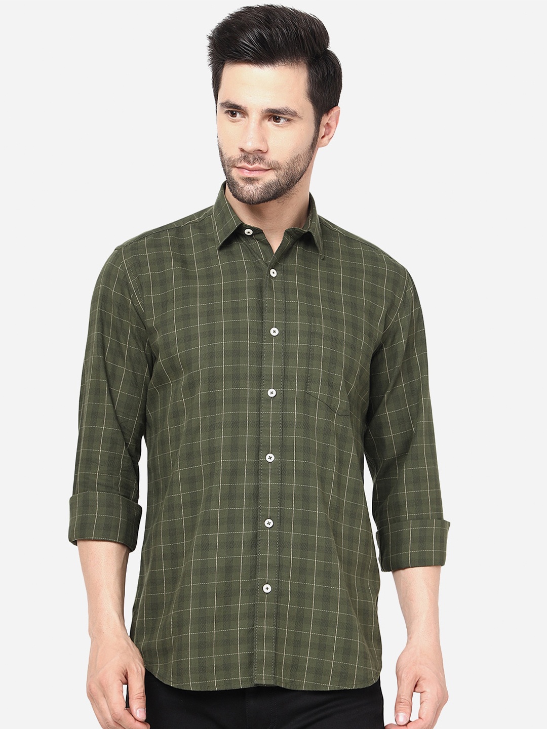 

JADE BLUE Slim Fit Checked Long Sleeves Pure Cotton Casual Shirt, Green