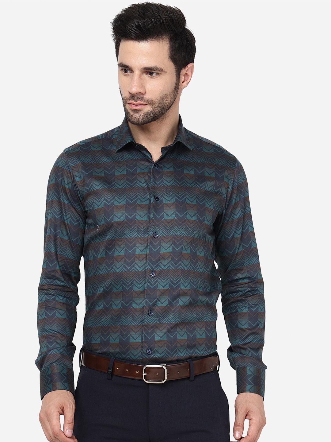 

JB STUDIO Slim Fit Geometric Printed Pure Cotton Formal Shirt, Green