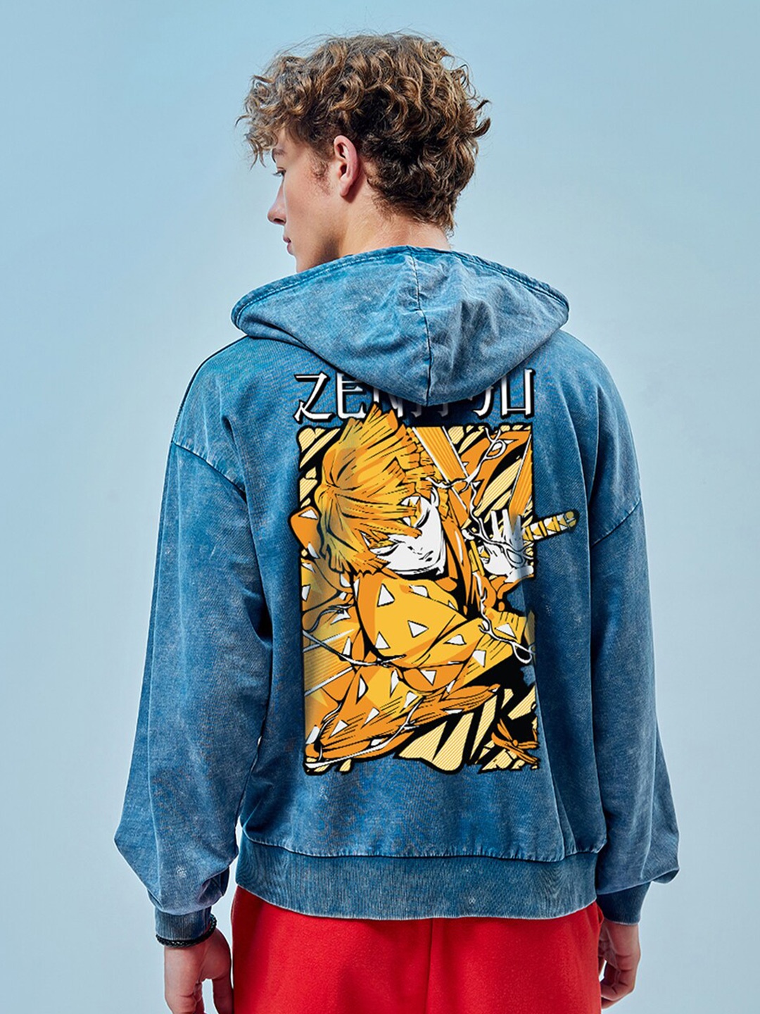 

Bewakoof Official Demon Slayer Merchandise Men Godspeed Graphic Printed Oversized Hoodies, Blue