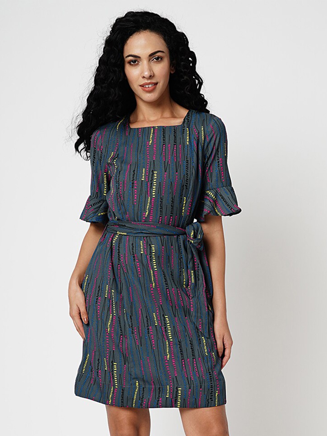 

Vero Moda Abstract Printed Square Neck Bell Sleeves A-Line Dress, Blue
