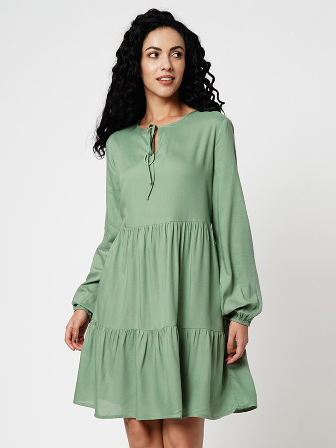 

Vero Moda Tie Up Neck Puff Sleeves Gathered Or Pleated A Line Dress, Green