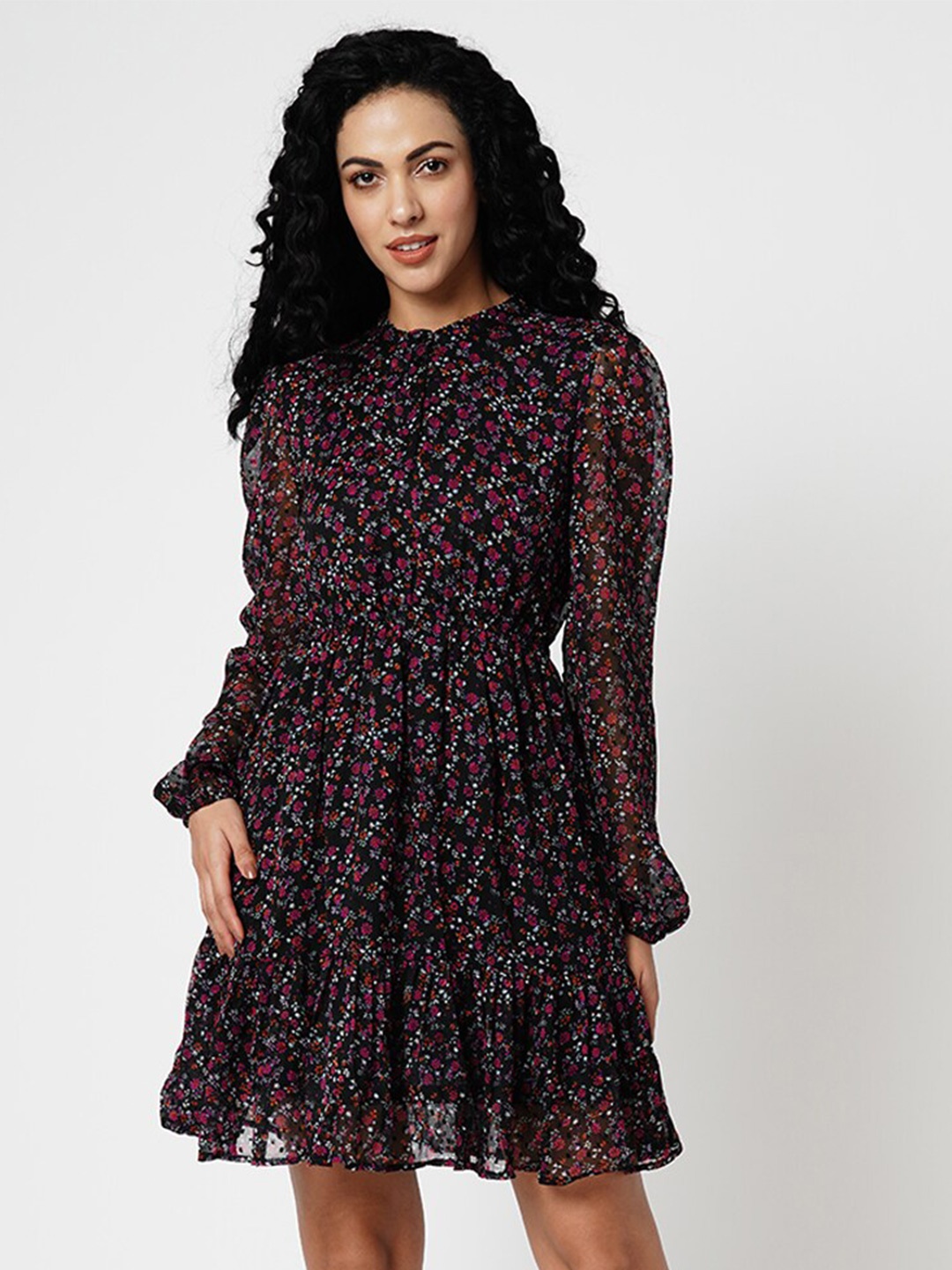 Vero Moda Floral Printed Mandarin Collar Puffed Sleeves Fit & Flare Dress, Black